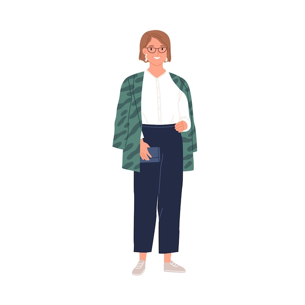 Retrato de mujer feliz con ropa informal elegante. Sonriente personaje femenino moderno en zapatillas, pantalones, blusa y chaqueta. Ilustración de vector gráfico plano coloreado aislado sobre fondo blanco.