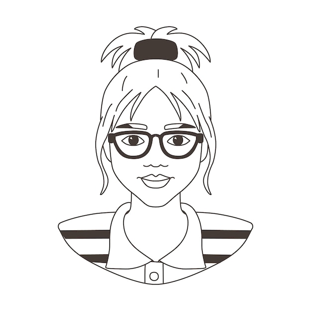 Retrato de mujer con gafas en estilo dibujado a mano avatar de la cara de la niña esquema de líneas para el diseño ilustración vectorial aislada de icono simple