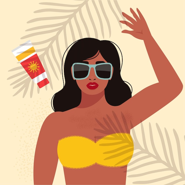 Vector retrato de mujer hermosa en bikini y gafas de sol. ilustración en estilo retro