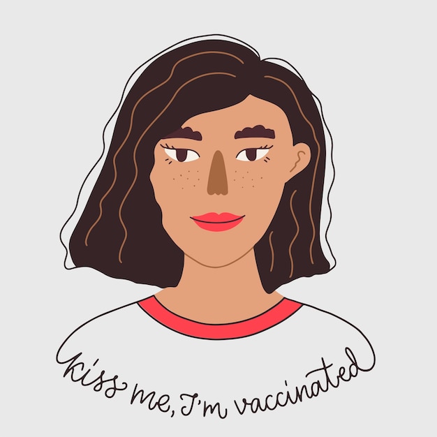 Vector retrato de mujer joven con cabello castaño rizado caligrafía dibujada a mano de bésame, estoy vacunado concepto para obtener tiempo de vacunación para vacunar