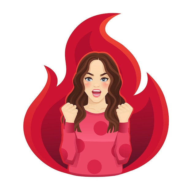 Retrato de una mujer joven con cara enojada emoción en el fuego ilustración vectorial de fondo