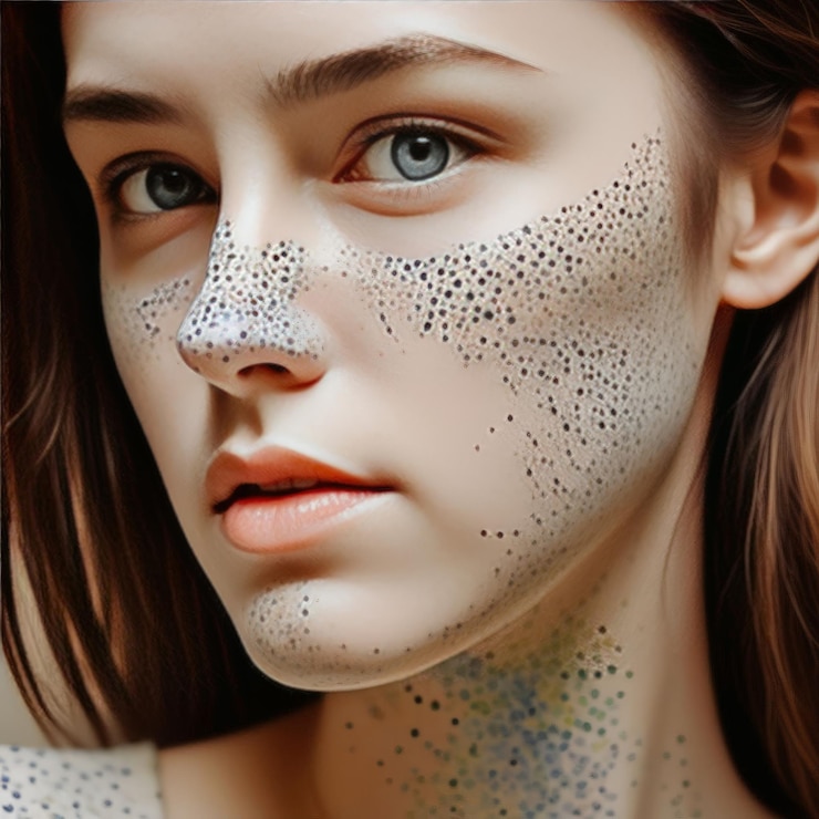 Vector retrato de mujer joven con cara pintada y maquillaje en fondo oscuro retrato de joven