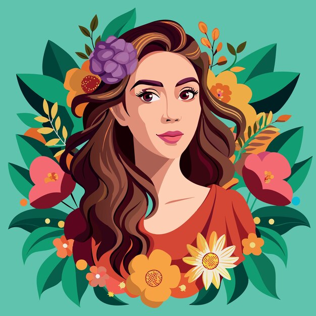 Vector retrato de una mujer joven con flores y cabello hermoso