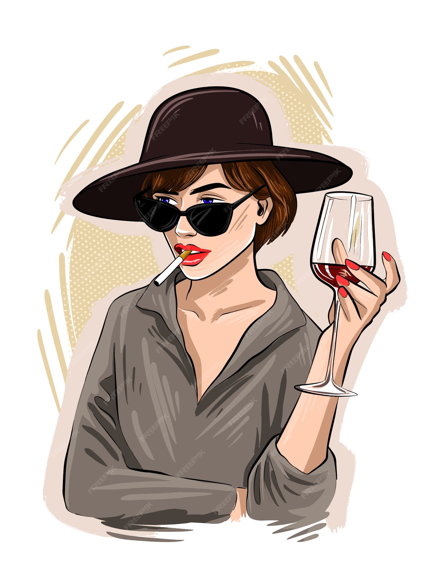 Retrato de mujer joven hermosa de dibujo a mano. chica de moda con una copa  de vino. mujer elegante con gafas de sol. bosquejo. | Vector Premium