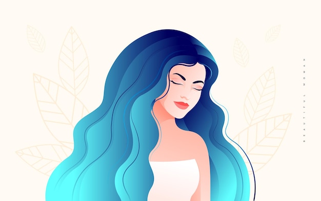 Vector retrato de mujer joven hermosa media vuelta con pelo largo azul