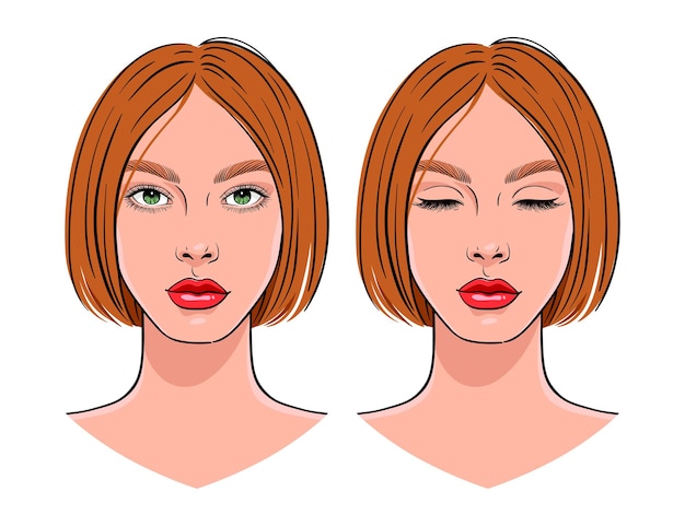 Vector retrato de mujer joven hermosa con los ojos abiertos y cerrados.