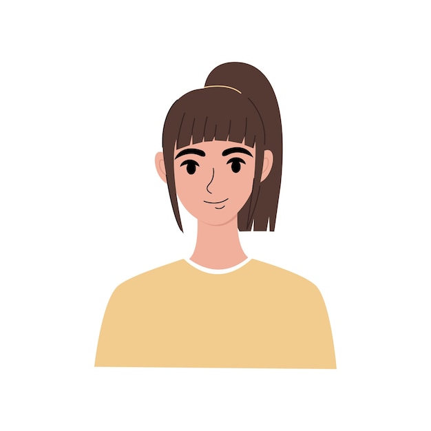 Retrato de mujer joven moderna plana Chica bonita con cabello castaño Retrato de personaje de cabeza de cara aislado
