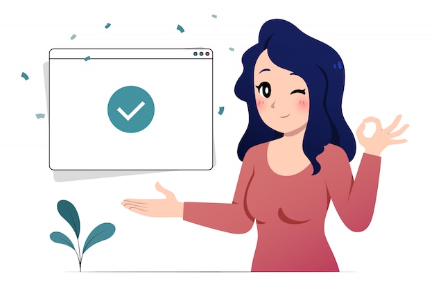 Retrato de mujer mostrando y aceptar pose con marca de verificación ventana UI.