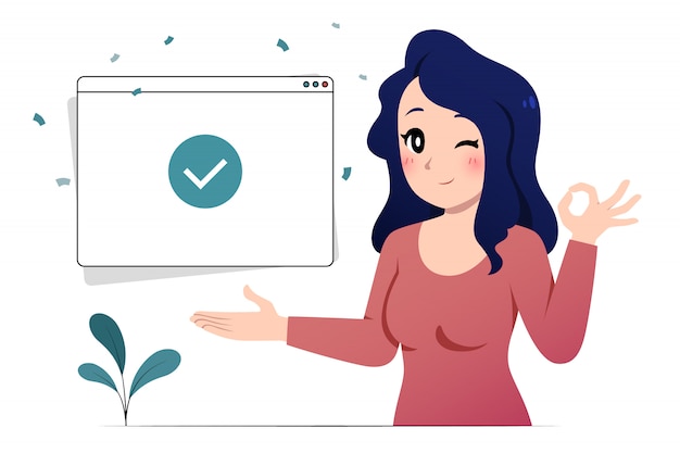Vector retrato de mujer mostrando y aceptar pose con marca de verificación ventana ui.