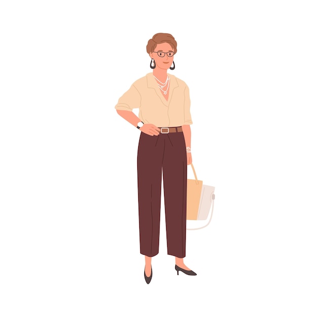 Retrato de una mujer de negocios sonriente parada con ropa elegante y formal. mujer con pantalón y blusa. empleado maduro con ropa moderna. ilustración de vector plano coloreado aislado sobre fondo blanco.