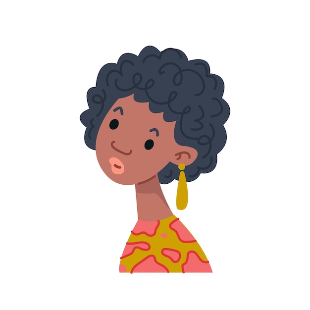 Vector retrato de mujer negra de dibujos animados con pelo corto y rizado cara sorprendida y labios regordetes de una niña