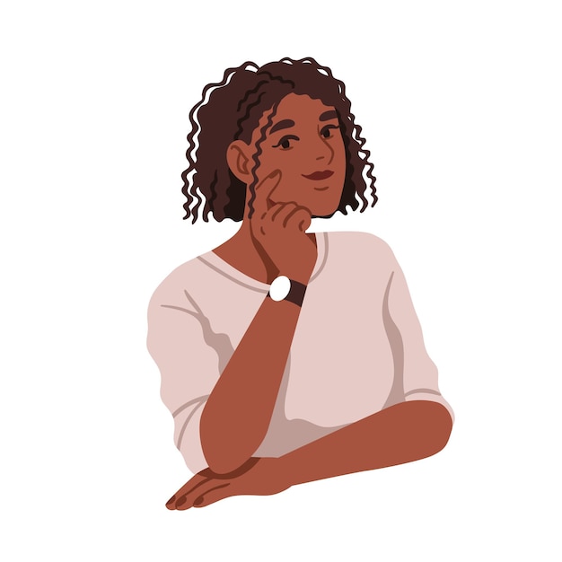 Retrato de mujer negra con rizos afro, peinado de corte bob. Chica guapa joven con cabello rizado, rizado y encrespado. Rostro femenino con peinado africano. Ilustración de vector plano aislado sobre fondo blanco