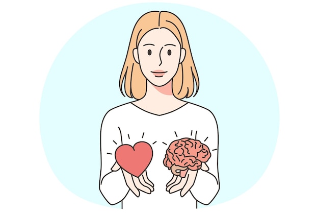 Retrato de mujer sosteniendo corazón y cerebro eligiendo Hembra tomar decisión entre razón y emoción Ilustración vectorial