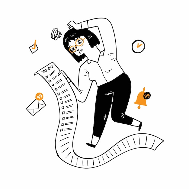 Retrato mujer sosteniendo una larga lista de tareas estresada mostrando frustración Emoción humana negativa expresión facial Ilustración vectorial dibujada a mano estilo garabato