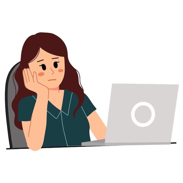 Vector un retrato de una mujer trabajadora aburrida y mirando una laptop con la mano en la ilustración de la barbilla