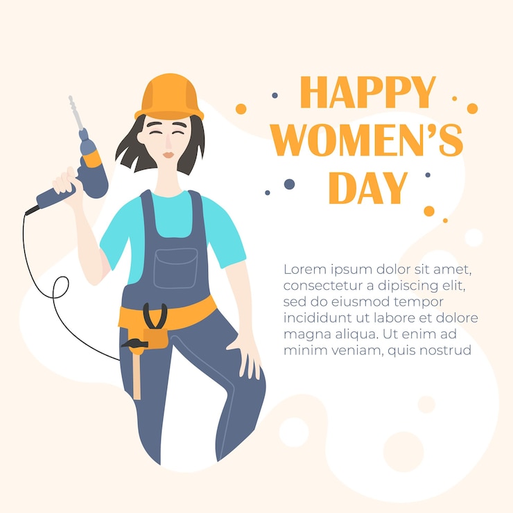 Vector retrato de mujer trabajadora sosteniendo un taladro en una mano