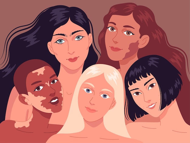 Vector retrato de mujeres jóvenes con diferentes tipos de piel.