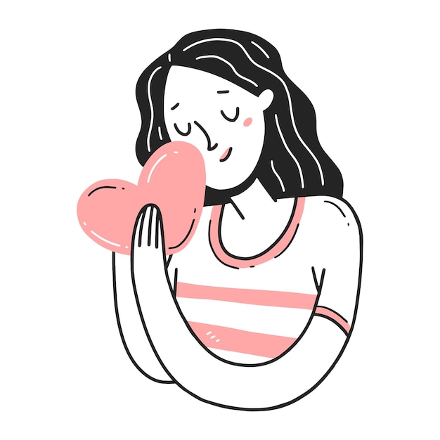 Retrato de una niña abrazando un corazón en una ilustración aislada de estilo de garabato lineal simple