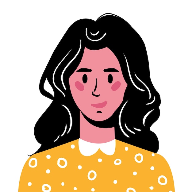 Vector retrato de una niña con cabello largo y oscuro avatar de una niña sonriente con un suéter amarillo