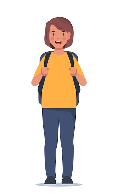 Retrato de niña de escuela feliz con mochila niña niño regreso a la escuela ilustración vectorial
