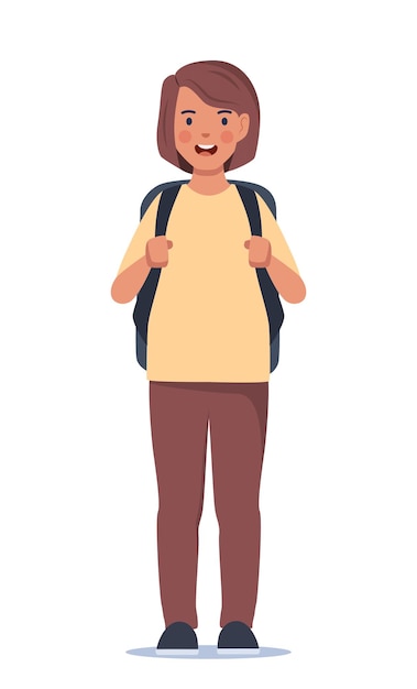 Retrato de niña de escuela feliz con mochila niña niño regreso a la escuela ilustración vectorial