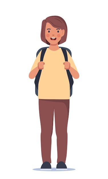 Vector retrato de niña de escuela feliz con mochila niña niño regreso a la escuela ilustración vectorial