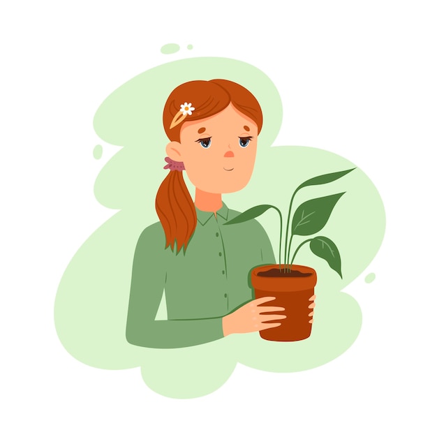 Vector retrato de una niña con una planta de interior.