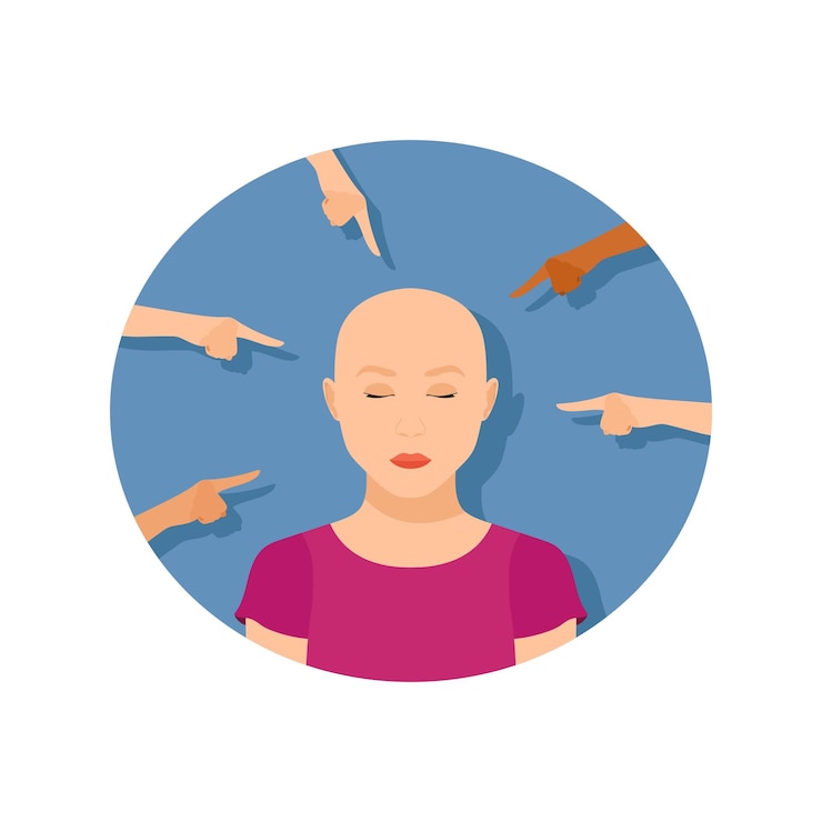 Vector retrato de niña triste sin pelo rodeada de manos señaladoras acoso de una persona con alopecia