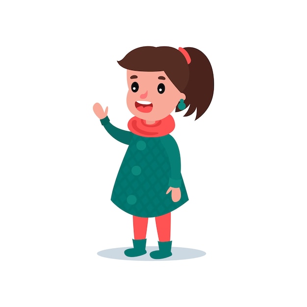 Retrato de niño feliz en otoño verde abrigo a cuadros botas bufanda roja y pantalones Personaje de niña de dibujos animados de pie saludando con la mano y diciendo hola Niño pequeño de moda Diseño de vector plano aislado