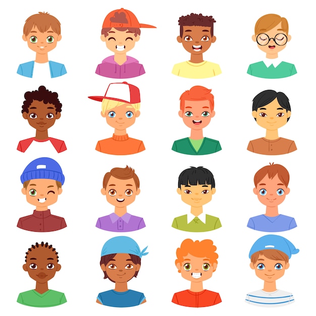 Retrato de niño niños carácter masculino cara de chico con peinado y persona masculina de dibujos animados con varios tonos de piel ilustración conjunto de rasgos faciales hombre-niño sobre fondo blanco