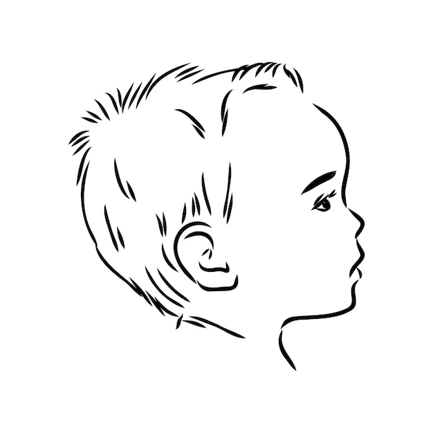 Retrato de niño pequeño dibujado a mano en el dibujo vectorial de perfil aislado en el arte de línea de fondo blanco