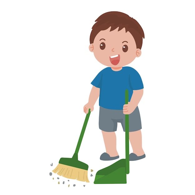 Retrato de un niño pequeño y lindo que barre el piso ayudando a su madre a ilustrar el vector