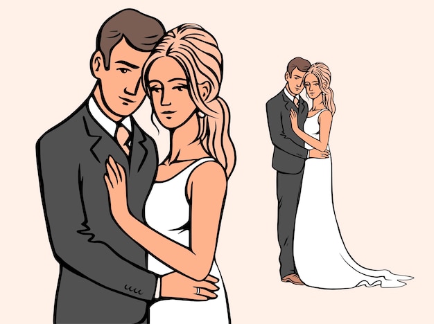 retrato, de, el, novia y novio, contorno, ilustración