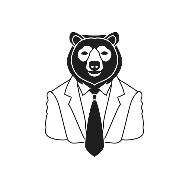 Retrato de oso Yk en traje de corbata cómico psicodélico hombre de negocios línea monocromática vector de icono retro groovy