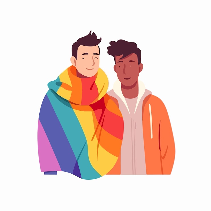 Vector un retrato de una pareja gay con una bandera del arco iris el concepto de lgbtq ilustración de un par de hombres