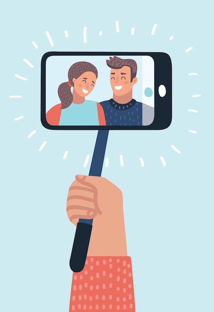 Vector retrato de pareja joven sonriente en smartphone selfie stick monopie cielo abstracto vector de fondo i