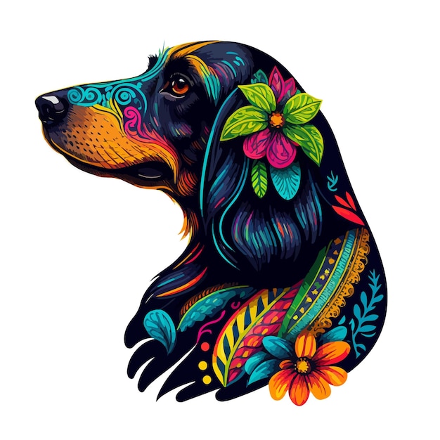 Retrato de perro Dachshund floral brillante Diseño de vector adornado para arte de pared carteles pancartas camisetas