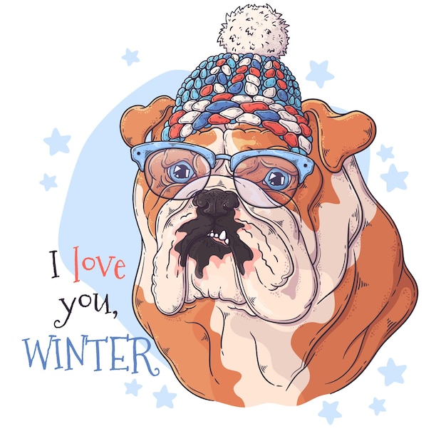 Retrato de perro dibujado a mano con accesorios navideños Vector