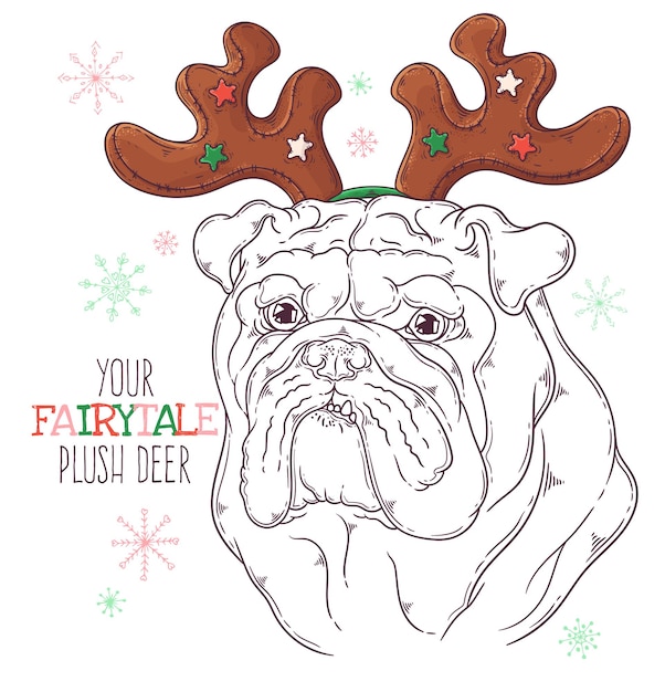 Retrato de perro dibujado a mano con accesorios navideños vector