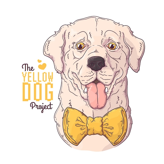 Retrato de perro dibujado a mano con cinta amarilla Vector.