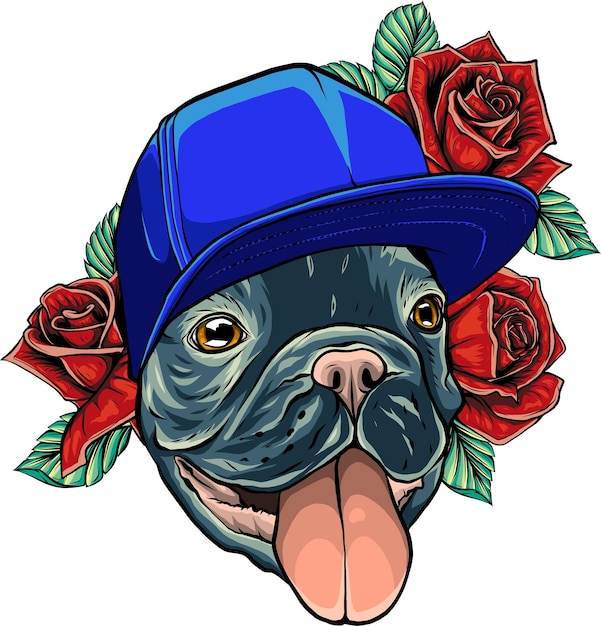 Retrato de un perro Pug en una corona de flores de rosa Vector