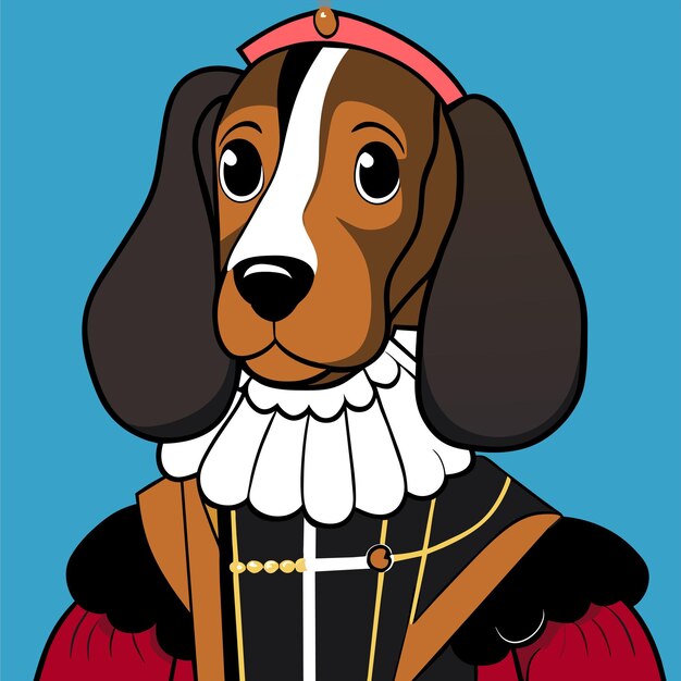 Retrato de un perro con un uniforme militar histórico dibujado a mano con una pegatina de dibujos animados plana y elegante