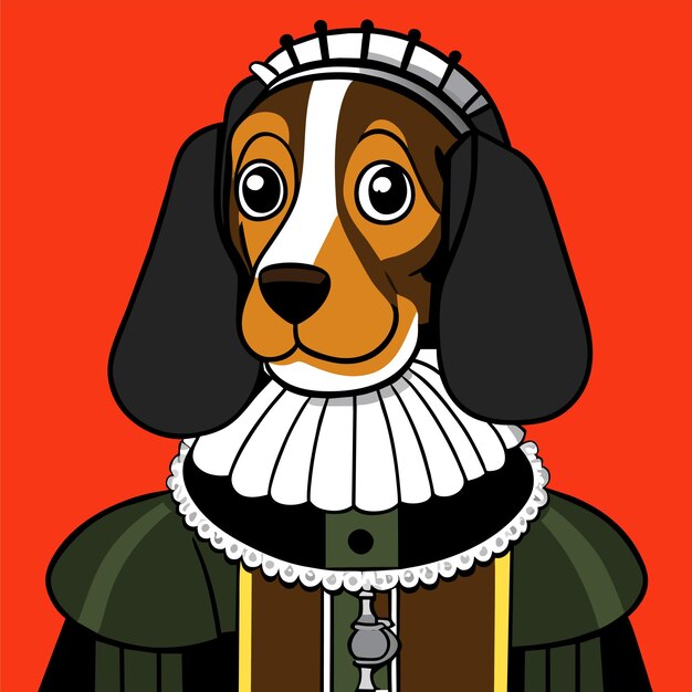 Vector retrato de un perro con un uniforme militar histórico dibujado a mano con una pegatina de dibujos animados plana y elegante