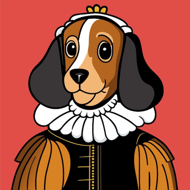 Vector retrato de un perro con un uniforme militar histórico dibujado a mano con una pegatina de dibujos animados plana y elegante