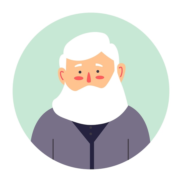 Retrato de personaje masculino senior con barba larga. Icono aislado de personaje barbudo con rubor en las mejillas. Hombre envejecido, abuelo mirando directamente. Hipster o jubilado, vector de estilo plano