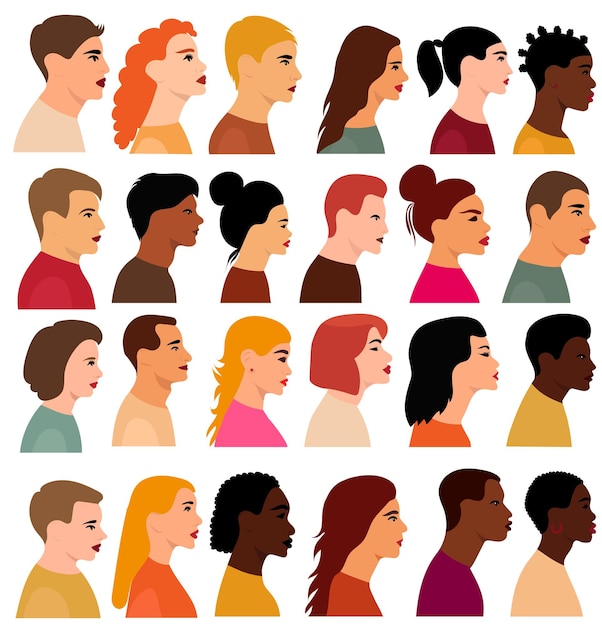 Retrato de personas en perfil conjunto vector aislado de diseño plano