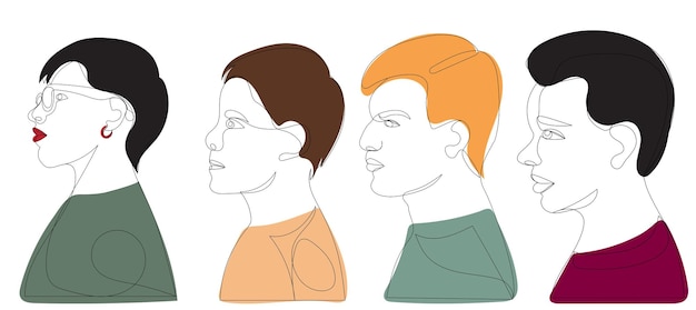 Retrato de personas de perfil un dibujo de línea continua