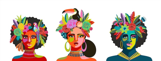 Retrato de personas con trajes de carnaval de Brasil Ilustraciones aisladas vectoriales Elementos de diseño