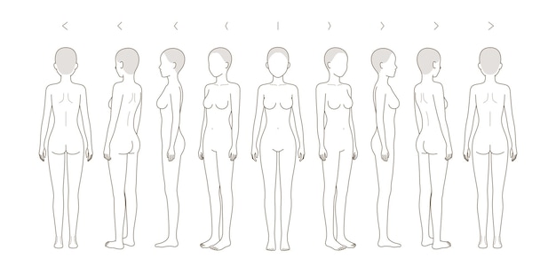 Retrato de pie en toda su longitud Ángulos figura delantera 3 de 4 vistas laterales hacia atrás forma Cuerpo femenino