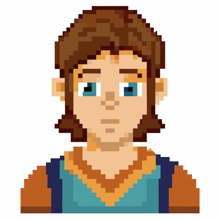 Vector retrato de pixel art de un joven personaje masculino en estilo de videojuego retro